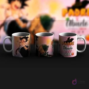 Tres tazas de sublimación con diseños variados de Dragon Ball para el Día del Padre, incluyendo a Goku niño y un diseño especial para 'Padre y Abuelo'.
