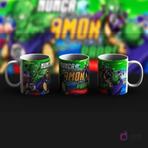 Tres tazas de sublimación con temática de Piccolo de Dragon Ball para el Día del Padre, incluyendo a Piccolo con Gohan y mensajes emotivos como 'Nunca conoces el amor hasta que eres papá'.