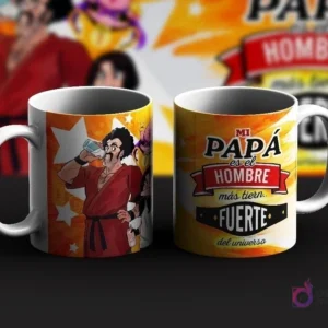 Dos tazas de sublimación con diseños de Mr. Satan de Dragon Ball para el Día del Padre. Una taza muestra a Mr. Satan bebiendo y la otra un mensaje 'Mi Papá es el hombre más tierno y fuerte del universo'.