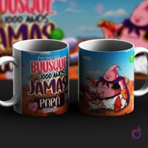 Dos tazas de sublimación con diseños de Majin Buu de Dragon Ball para el Día del Padre. Una taza con un mensaje 'Por más que busqué 1000 años, jamás encontraré un Papá como tú' y la otra con Majin Buu y Baby Buu.