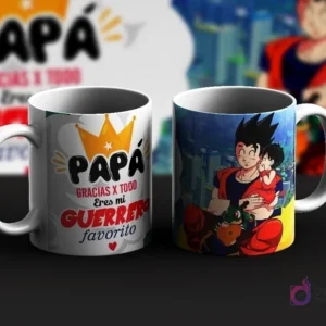 Dos tazas de sublimación con diseños de Goku y Gohan de Dragon Ball para el Día del Padre. Una taza con mensaje 'Papá, gracias x todo, eres mi guerrero favorito' y la otra con Goku sosteniendo a Gohan bebé.