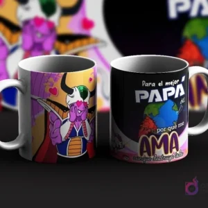 Dos tazas de sublimación con diseños de Frieza de Dragon Ball para el Día del Padre. Una taza muestra a Frieza de forma tierna con corazones y la otra con un mensaje 'Para el mejor Papá del mundo porque me ama aunque destruya todo'.