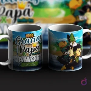 Dos tazas de sublimación con diseños de Cell de Dragon Ball para el Día del Padre. Una taza con mensaje '1000 Gracias Papá por todo tu amor. ¡Feliz Día!' y la otra con Cell y Cell Jr.