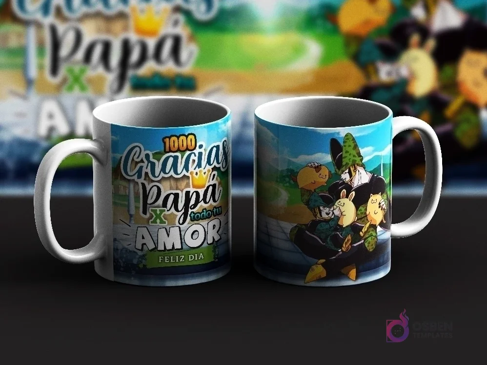 Dos tazas de sublimación con diseños de Cell de Dragon Ball para el Día del Padre. Una taza con mensaje '1000 Gracias Papá por todo tu amor. ¡Feliz Día!' y la otra con Cell y Cell Jr. Dos tazas de sublimación con diseños de Cell de Dragon Ball para el Día del Padre. Una taza con mensaje '1000 Gracias Papá por todo tu amor. ¡Feliz Día!' y la otra con Cell y Cell Jr.