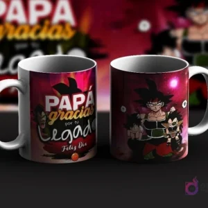 Dos tazas de sublimación con diseños de Bardock de Dragon Ball para el Día del Padre. Una taza con el mensaje 'Papá, gracias por tu legado. ¡Feliz Día!' y la otra con Bardock y Goku niño.