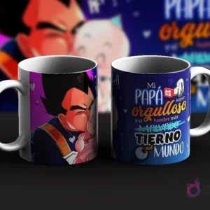Dos tazas de sublimación con diseños de Vegeta de Dragon Ball para el Día del Padre. Una taza con Vegeta besando a Trunks bebé y la otra con un mensaje 'Mi Papá es super orgulloso y el hombre más tierno del mundo'.