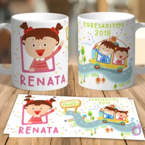 Dos tazas blancas de cerámica y una impresión con un diseño de niña animada 'Renata' y niños viajando en un bus escolar 'Egresaditos 2018'
