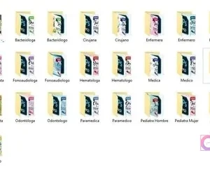 Captura de pantalla mostrando la organización de carpetas con plantillas editables para 30 profesiones médicas, separadas por género (Hombre/Mujer) en formato de archivo.