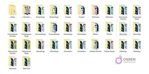 Captura de pantalla mostrando la organización de carpetas con plantillas editables para 30 profesiones médicas, separadas por género (Hombre/Mujer) en formato de archivo. Captura de pantalla mostrando la organización de carpetas con plantillas editables para 30 profesiones médicas, separadas por género (Hombre/Mujer) en formato de archivo.