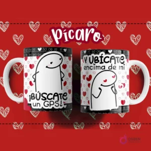 Taza Flork blanca con diseño de personaje Flork y frase "¡Búscate un GPS!" en el lado izquierdo y "Y ubícate encima de mí" en el lado derecho, sobre fondo rojo de corazones.