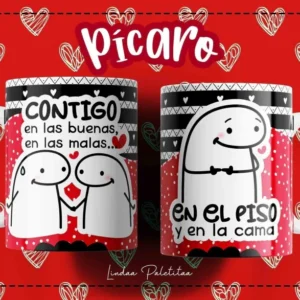 Taza Flork blanca con diseño de dos personajes Flork abrazados y frase "Contigo en las buenas, en las malas..." y "En el piso y en la cama", sobre fondo rojo de corazones.