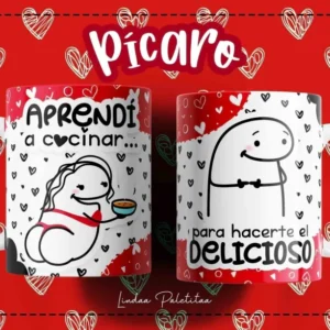 Taza Flork blanca con diseño de personaje Flork cocinando y frase 
