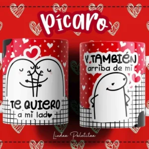 Taza Flork blanca con diseño de dos personajes Flork abrazados con un corazón y frase 