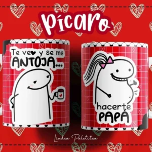 Taza Flork blanca con diseño de personaje Flork bebiendo de una taza y frase 