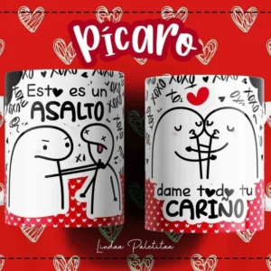 Taza Flork blanca con diseño de personaje Flork asaltando a otro y frase 