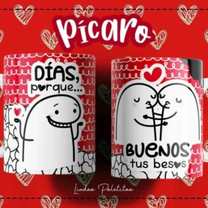 Taza Flork blanca con diseño de personaje Flork saludando y frase 