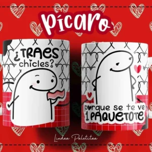 Taza Flork blanca con diseño de personaje Flork preguntando 