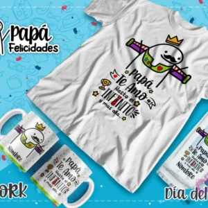 Plantilla Flork como Buzz Lightyear con el mensaje 'Papá, te amo hasta el infinito y más allá' para sublimar en polera, taza y jarra, sobre fondo azul.