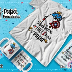 Plantilla Flork disfrazado de Capitán América con la frase 'Mi superhéroe favorito eres tú, papá' para sublimar tazas y poleras, con fondo azul.