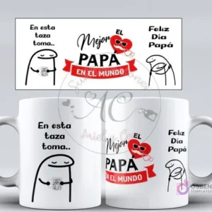 Taza sublimada con diseño Flork del Día del Padre, mostrando a un Flork con corona y la frase 'El mejor papá en el mundo'.