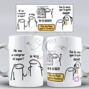 Plantilla para taza Flork con humor de pareja y el supermercado, diciendo 'Me vas a comprar al súper? Oh si bebé!!!' y 'Feliz Día Papá igual te Amamos'.