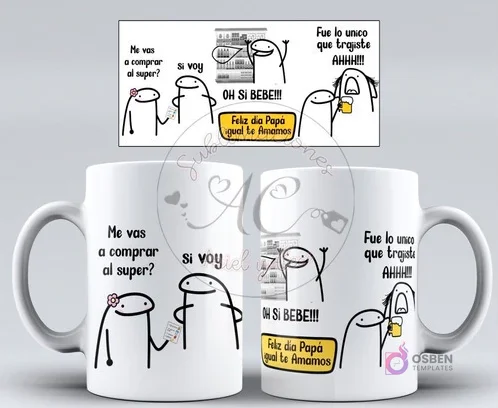 Plantilla para taza Flork con humor de pareja y el supermercado, diciendo 'Me vas a comprar al súper? Oh si bebé!!!' y 'Feliz Día Papá igual te Amamos'. Plantilla para taza Flork con humor de pareja y el supermercado, diciendo 'Me vas a comprar al súper? Oh si bebé!!!' y 'Feliz Día Papá igual te Amamos'.