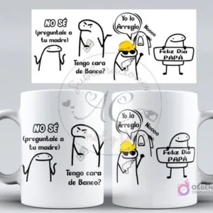 Diseño de taza Flork con frases clásicas de papá como 'Pregúntale a tu madre' y 'Yo lo arreglo' con un Flork con casco de construcción para el Día del Padre.