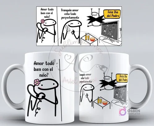 Taza con diseño Flork humorístico de padre e hijo y pareja, con un Flork viendo televisión y la frase 'Tranquila amor, todo está perfectamente' para el Día del Padre. Taza con diseño Flork humorístico de padre e hijo y pareja, con un Flork viendo televisión y la frase 'Tranquila amor, todo está perfectamente' para el Día del Padre.