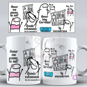 Diseño para taza Flork con humor de pareja y despensa, buscando sal y cerveza con frases como '¿Dónde está?' y 'Ya encontré', ideal para el Día del Padre.