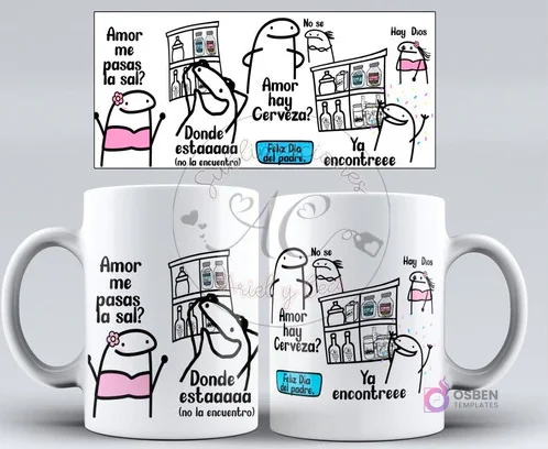 Diseño para taza Flork con humor de pareja y despensa, buscando sal y cerveza con frases como '¿Dónde está?' y 'Ya encontré', ideal para el Día del Padre. Diseño para taza Flork con humor de pareja y despensa, buscando sal y cerveza con frases como '¿Dónde está?' y 'Ya encontré', ideal para el Día del Padre.