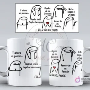 Diseño de taza Flork humorístico para el Día del Padre, con un 'poema' que incluye frases como 'Recuerda mi pensión' y 'No te hagas el webom'.