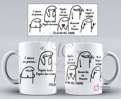 Diseño de taza Flork humorístico para el Día del Padre, con un 'poema' que incluye frases como 'Recuerda mi pensión' y 'No te hagas el webom'. Diseño de taza Flork humorístico para el Día del Padre, con un 'poema' que incluye frases como 'Recuerda mi pensión' y 'No te hagas el webom'.