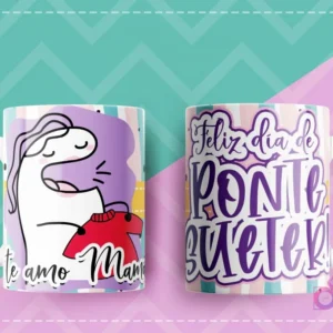 Taza sublimada con Flork pidiendo 'Ponte Suéter' con un suéter rojo en mano, y el texto Feliz día de ponte suéter Te amo Mamá