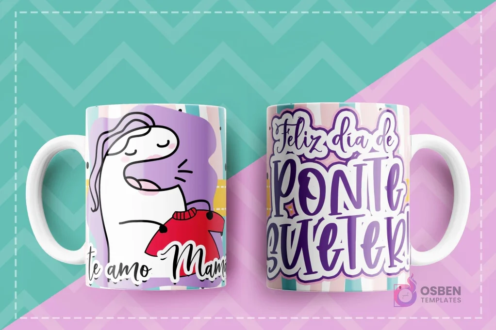 Taza sublimada con Flork pidiendo 'Ponte Suéter' con un suéter rojo en mano, y el texto Feliz día de ponte suéter Te amo Mamá Taza sublimada con Flork pidiendo 'Ponte Suéter' con un suéter rojo en mano, y el texto Feliz día de ponte suéter Te amo Mamá