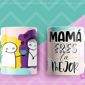 Taza con diseño Flork donde un personaje entrega un regalo a una mamá y la frase Mamá eres la mejor