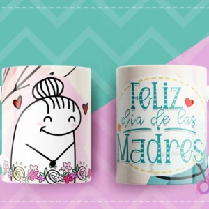 Taza sublimada con Flork mamá de moño rodeada de flores y el mensaje Feliz día de las Madres