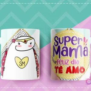 Taza con diseño Flork de una Super Mamá con capa y escudo 'SM', acompañada del texto Super Mamá feliz día te amo