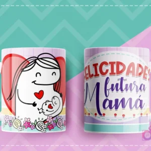 Taza sublimada con Flork embarazada y un bebé en un corazón, y el mensaje Felicidades Futura Mamá