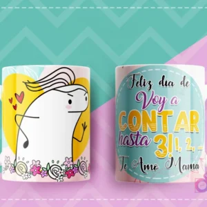 Taza con diseño Flork señalando con expresión de advertencia y corazones, y el mensaje Feliz día de voy a contar hasta 3! 1, 2... Te amo Mamá