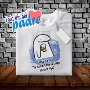 Diseño Flork sosteniendo una jarra de cerveza para sublimar polera Día del Padre, con el texto 'Tu mamá tiene la culpa, yo se lo dije.'