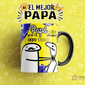 Taza sublimada con diseño Flork 'Papá a ti te DEBO TODO hasta dinero' con Flork padre y hijo, plantilla divertida para el Día del Padre.
