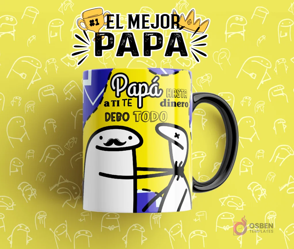 Taza sublimada con diseño Flork 'Papá a ti te DEBO TODO hasta dinero' con Flork padre y hijo, plantilla divertida para el Día del Padre. Taza sublimada con diseño Flork 'Papá a ti te DEBO TODO hasta dinero' con Flork padre y hijo, plantilla divertida para el Día del Padre.