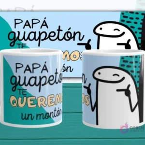 Mockup de dos tazas blancas con plantilla Flork 'PAPÁ guapetón TE QUEREMOS un montón', con Flork guiñando el ojo, sobre fondo abstracto azul.