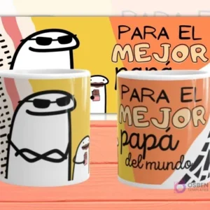 Mockup de dos tazas blancas con plantilla Flork 'PARA EL MEJOR papá del mundo', con Flork con gafas de sol y Flork bebé con chocolate, sobre fondo naranja y amarillo.