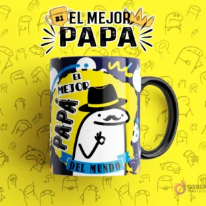 Taza sublimada con diseño Flork 'EL MEJOR PAPA DEL MUNDO' con Flork de sombrero haciendo 'ok', plantilla para el Día del Padre.