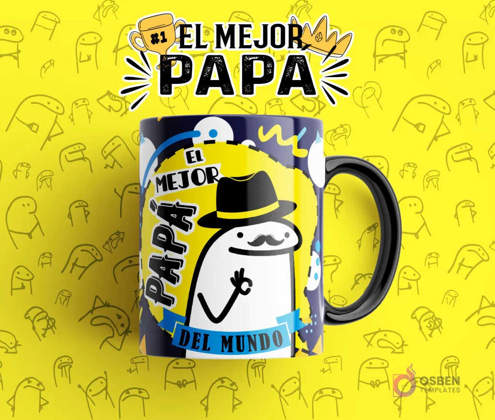 Taza sublimada con diseño Flork 'EL MEJOR PAPA DEL MUNDO' con Flork de sombrero haciendo 'ok', plantilla para el Día del Padre. Taza sublimada con diseño Flork 'EL MEJOR PAPA DEL MUNDO' con Flork de sombrero haciendo 'ok', plantilla para el Día del Padre.