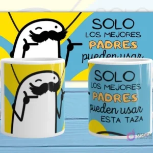 Mockup de dos tazas blancas con plantilla Flork 'SOLO LOS MEJORES PADRES pueden usar ESTA TAZA', con Flork bigotudo y gafas señalando, sobre fondo azul y amarillo.