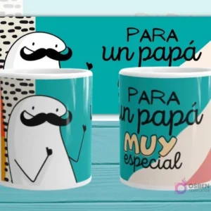 Mockup de dos tazas blancas con plantilla Flork 'PARA un papá MUY especial', con Flork bigotudo levantando la mano, sobre fondo abstracto turquesa.
