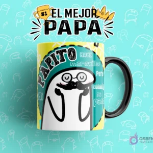 Taza sublimada con diseño Flork 'Mi Papito hace maravillas Pero conmigo se pasó' con Flork padre, plantilla para el Día del Padre.