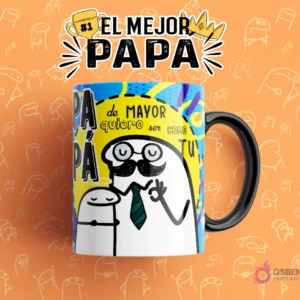 Taza sublimada con diseño Flork 'De MAYOR quiero ser como TUYA' con Flork padre e hijo con corbata, plantilla para tazas del Día del Padre.